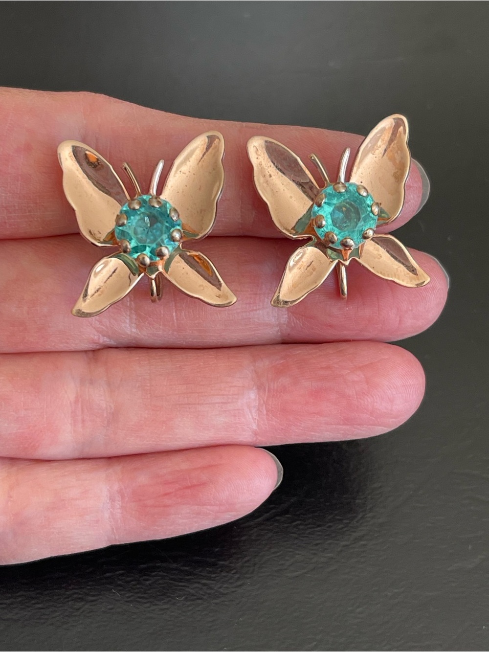 Vintage copper teal blue rhinestone Butterfly screw on Earrings.